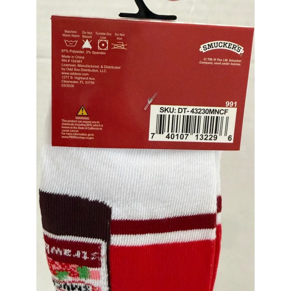 Smuckers Strawberry Jam Crew Socks Mens Shoe Size 6-12 White Red Odd Sox Novelty